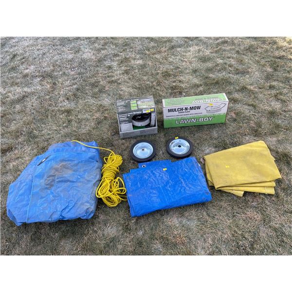 Brand New In Box Sprinkler, Mulch Cover Plate, 2 Castor Wheels, 3 Tarps & More