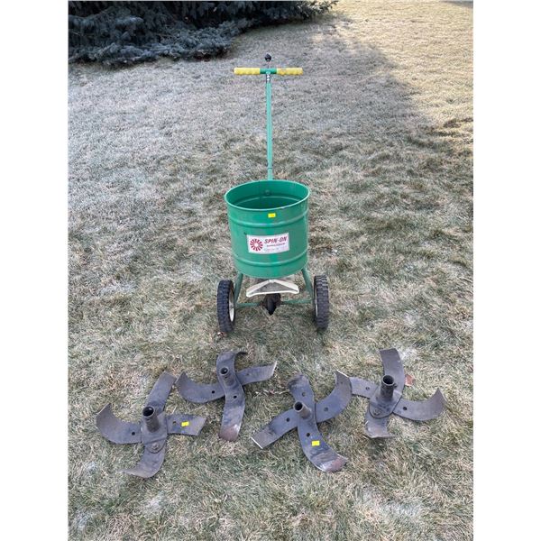 Spin-On Fertilizer Spreader & Heavy Duty Rototiller Blades