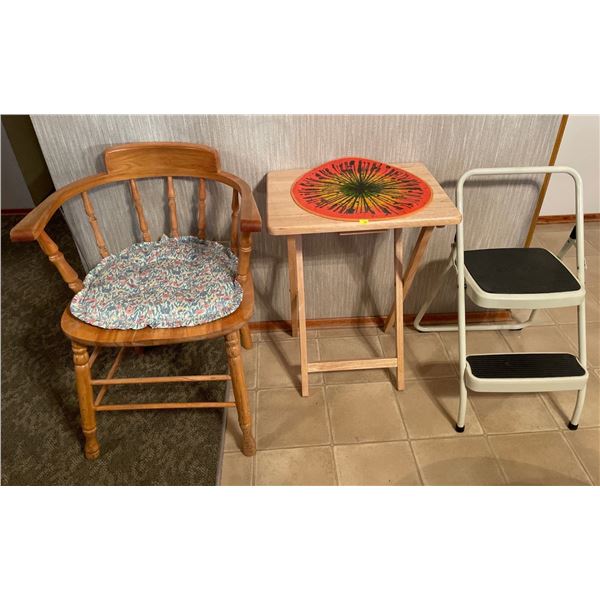 Cosco 2 Step Ladder, TV Tray With Mat, & Oak Chair With Cushion