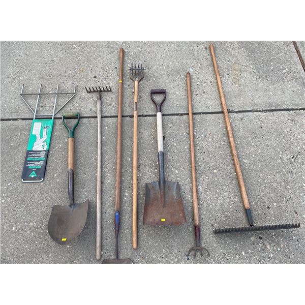 Assorted Gardening Tools - Shovels, Rakes, Hoses, & More