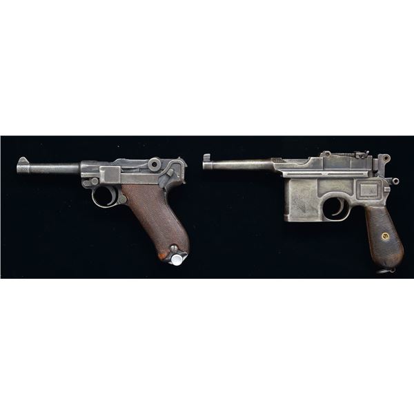 2 GERMAN SEMI-AUTO PISTOLS; LUGER & BROOMHANDLE.