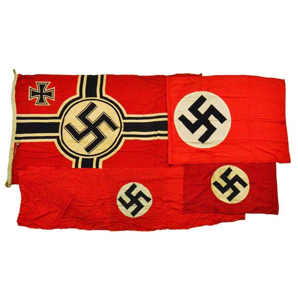 3 WWII GERMAN FLAGS & 1 BANNER.