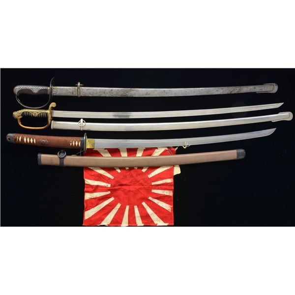 3 JAPANESE SWORDS & JAPANESE RISING SUN FLAG.
