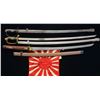 Image 1 : 3 JAPANESE SWORDS & JAPANESE RISING SUN FLAG.