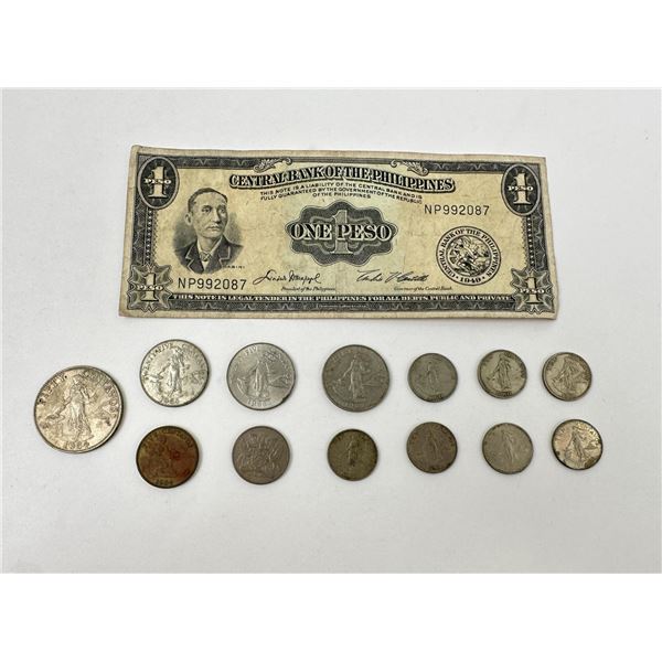 Collection of Philippine Peso Coins and Note