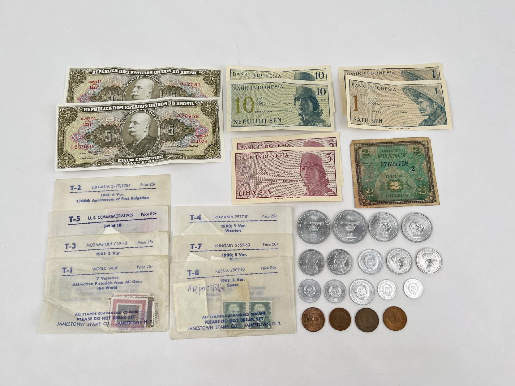 Collection Foreign Banknotes Coins and Stamps