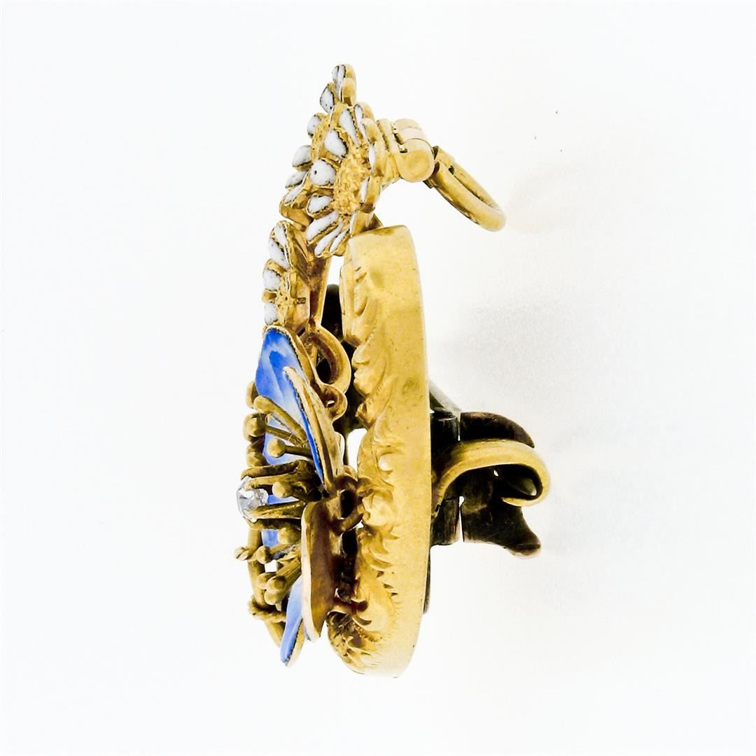 Antique Art Nouveau 14K Gold Diamond Flower Enamel Scroll Repousse ...