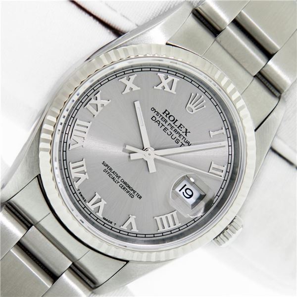 Rolex Mens Stainless Steel Gray Roman 36MM Datejust Wristwatch With Box