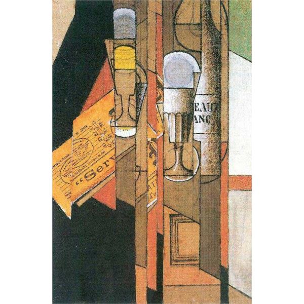 Juan Gris - Glasses, Newspaper And Wine Bottle