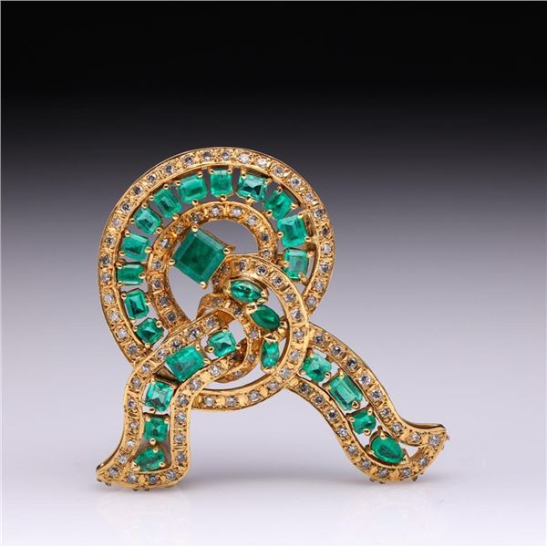 Vintage 18K Yellow Gold Ribbon Brooch with Emeralds & Diamonds