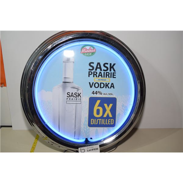 Large Minhas Sask Prairie Vodka Advertising Sign -Working