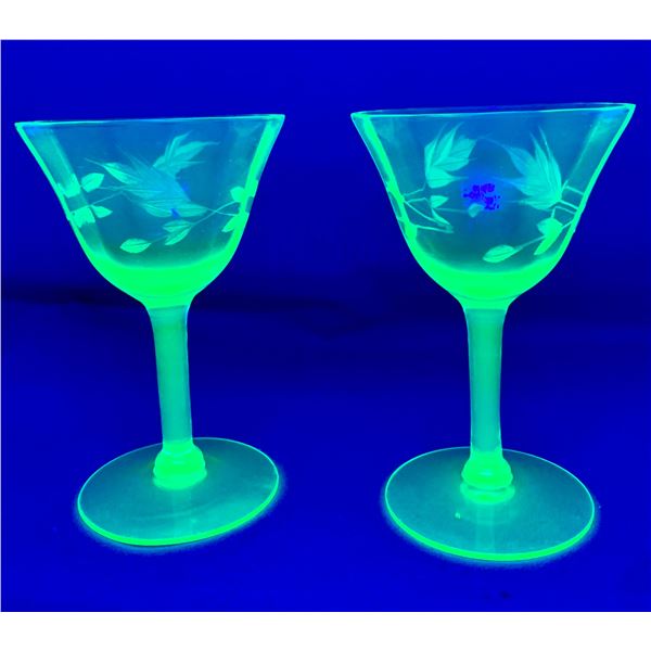 (2) Uranium Glass / Depression Era 1930's Wheel Cut Champagne Glasses