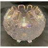 Image 1 : Dugan Frosty White Carnival Glass "Grape Delight" 5-Footed Ruffled Top Rose Bowl. Circa 1910