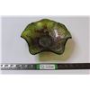 Image 1 : Green Holly Swirl Carnival Glass Ruffled Bowl