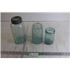 Image 1 : (3) Blue Sealer Jars - (1) Lid - One Jar is Cracked