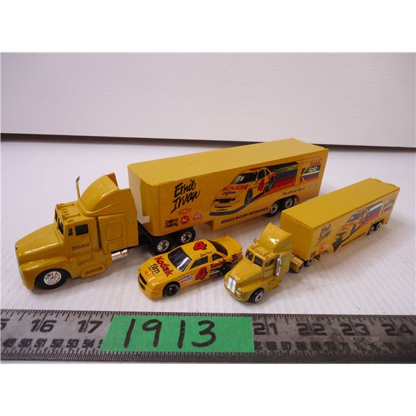 (3) Pieces of Ernie Irvin Toy Semi Trucks and Race Car