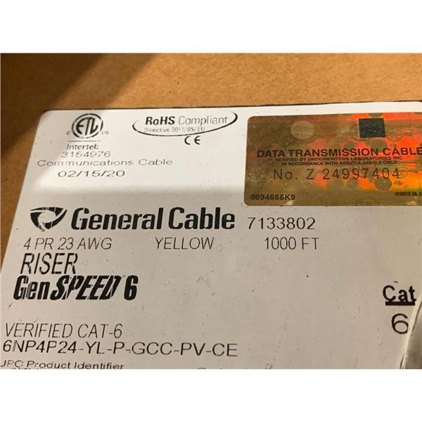 Data Transmission Cable 4PR 23 AWG Yellow 1000' Riser Gen Speed 6 Verified CAT-6