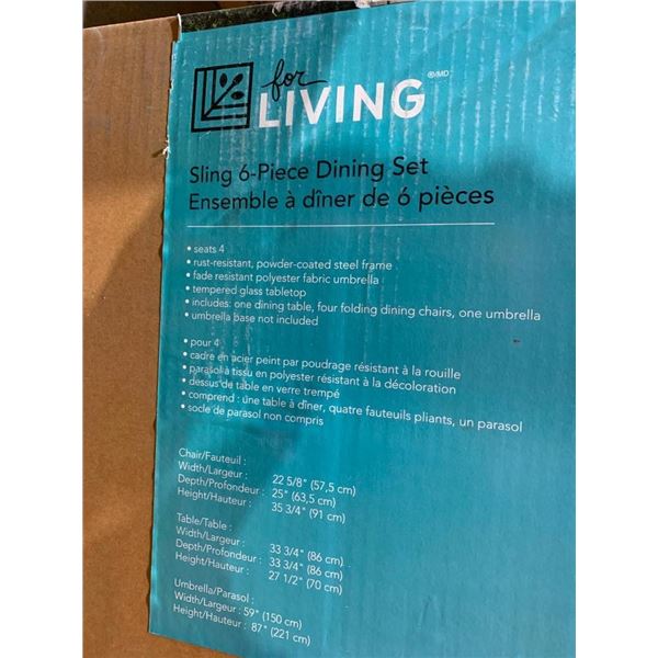 For Living Sling 6 Pc Patio Dining Set 4 Chairs, Table and Umbrella