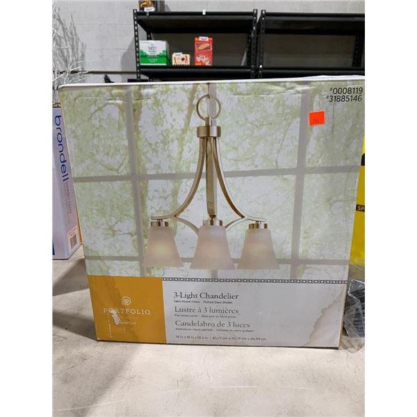 3-Light Chandelier - Satin Nickel Finish - Etched Glass Shades 18x18x18.5"