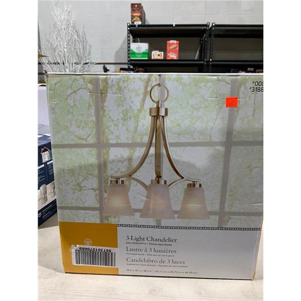 3-Light Chandelier - Satin Nickel Finish - Etched Glass Shades 18x18x18.5"