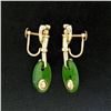 Image 2 : Estate 14k Yellow Gold Oval Disk Jade Screw On Drop Dangle Earrings