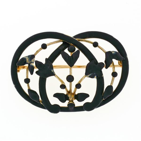 Antique Art Nouveau 14K Gold Matte Black Enamel Flower Leaf Open Work Brooch Pin