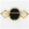 Image 4 : Vintage 14k Yellow Gold Black Onyx Floral Mosaic Sapphire and Pearl Brooch Pin