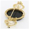 Image 5 : Vintage 14k Yellow Gold Black Onyx Floral Mosaic Sapphire and Pearl Brooch Pin
