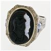Image 4 : Antique Art Deco Men's 10k Gold Agate Double Cameo & Shield Cut Aquamarine Ring