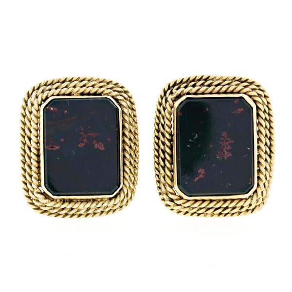 Vintage 14K Yellow Gold Octagonal Bloodstone Twisted Wire Frame Button Earring