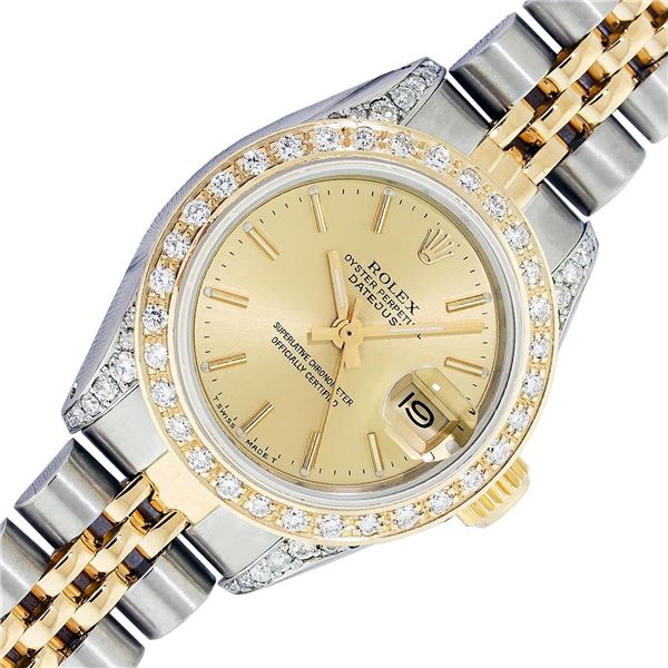 Rolex Ladies 2T Quickset Champagne Diamond Lugs Datejust Wristwatch