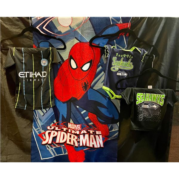 Like New Spiderman Towel, Seahawk Onesie, Seahawk T-shirt, Ethitad Airways Manchester City Shirt