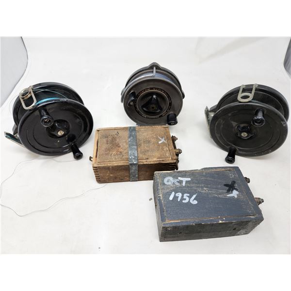 Vintage Fishing Reels and 2 Antique Ignition Coils