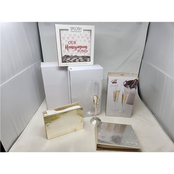New 6 Wine Glasses 2 Photo Books and Honeymoon Fund Piggy Bank