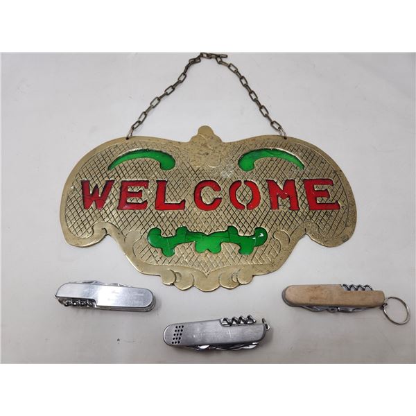 Brass Welcome Sign and 3 Pocket Utility Knives