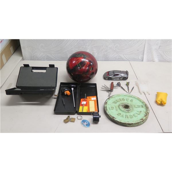 Black Widow Bowling Ball, Model Car, Darts, Pocket Knife, Barbell, Cases, etc