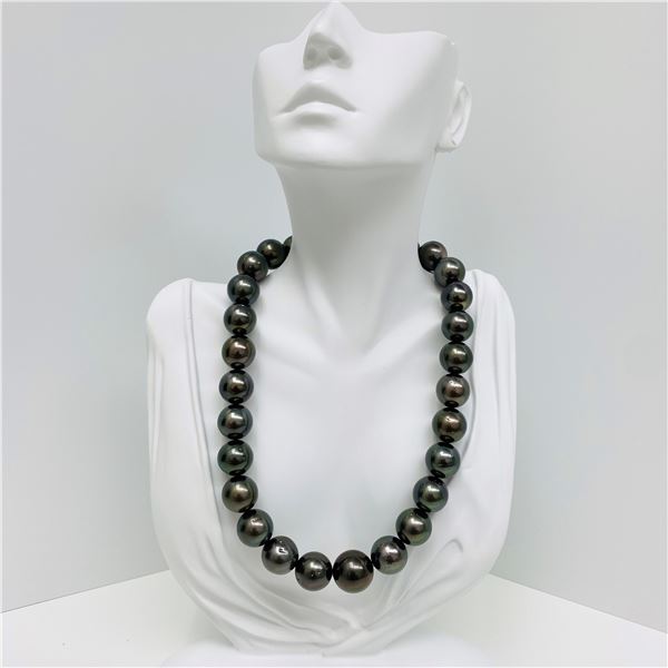 15-17mm Tahitian Dark Green Round Pearl Necklace with Gold Clasp