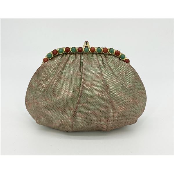 Judith Leiber Pink and Green Metallic Lizard Clutch