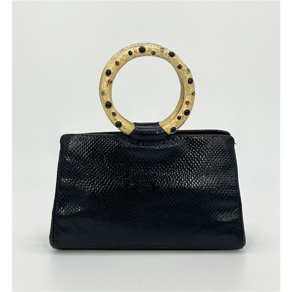 Judith Leiber Black Lizard Round Gold Gemstone Top Handle Bag