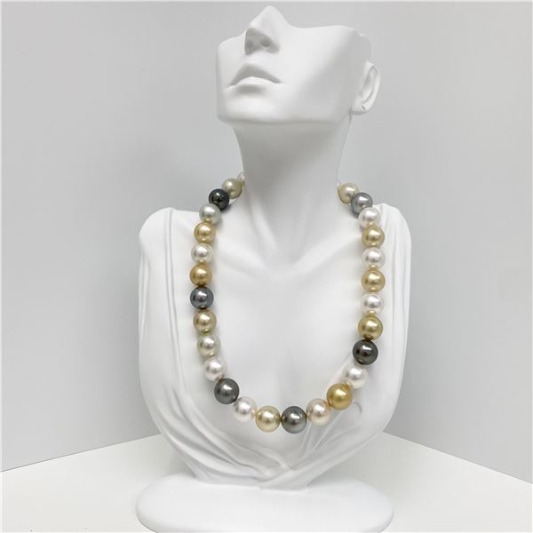 14-15 South Sea White and Golden and Tahitian Round Pearl Necklace with Gold Clasp