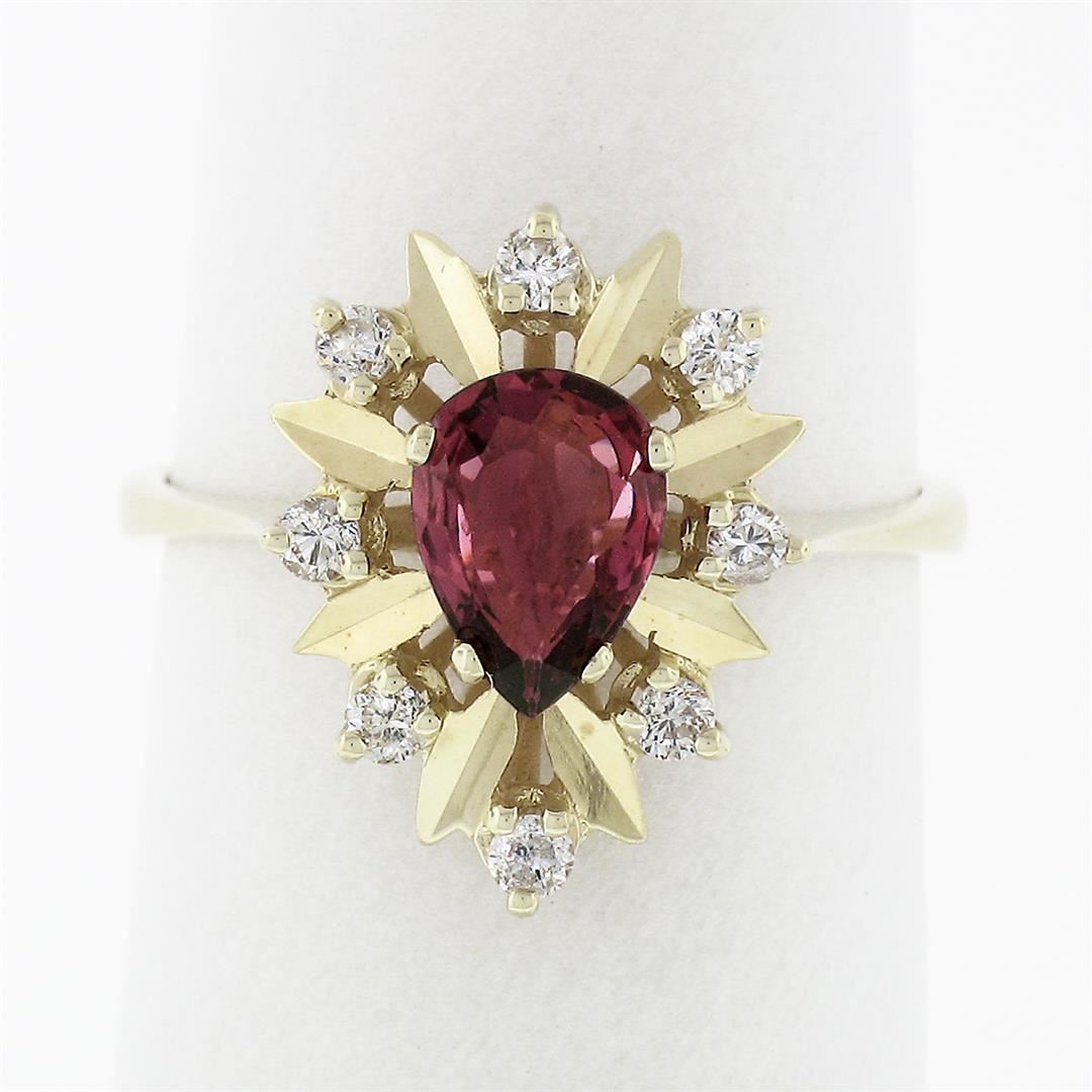 Vintage 14k Gold 1.37 ctw Pear Shape Ruby W/ Diamond & Folded Work Open ...