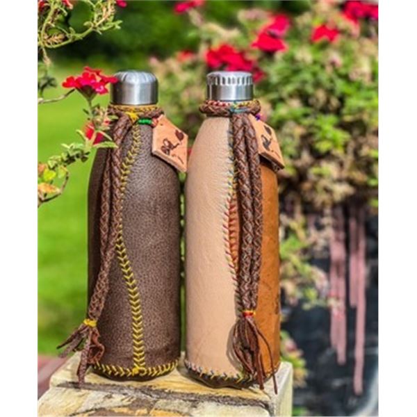 His and hers leather covered thermal water bottles