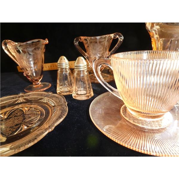 Depression Glass, Cup and Saucer, Salt and Pepper