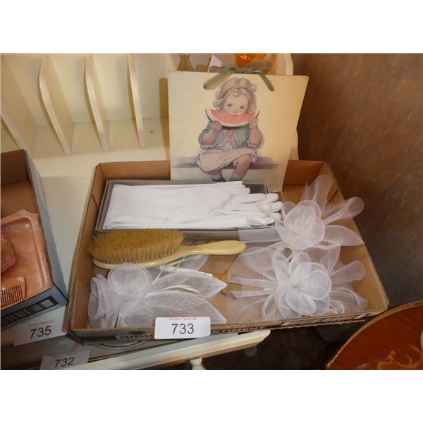 Hair brush, hair clips, gloves, art work