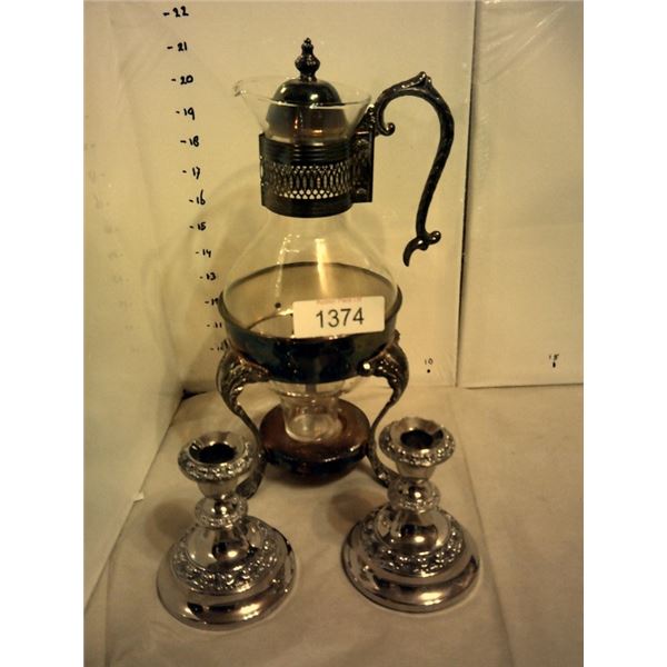 Vintage glass tea pot and candle holders