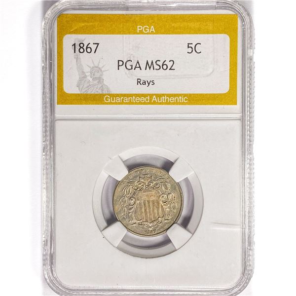1867 Shield Nickel PGA MS62 Rays