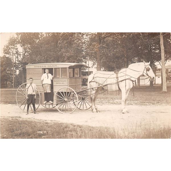 Real Photo Boys & Horse Drawn Brooks Farm Sanitary Milk Wagon Postcard