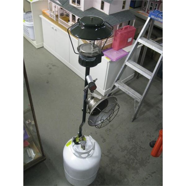 40LB PROPANE TANK W/COLEMAN PROPANE TREE W/HEATER & LANTERN