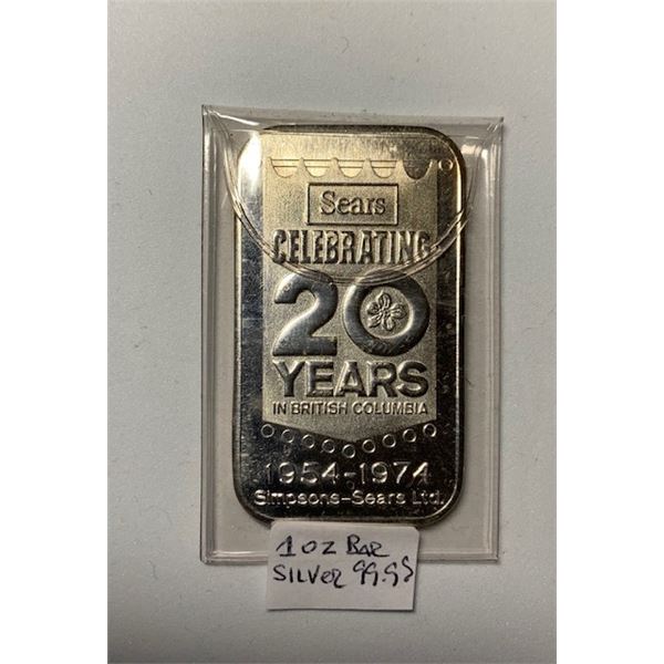 1 OZ FINE SILVER .999 SEARS CELEBRATING 20 YEARS IN BC (1954-1974) (TAX EXEMPT)