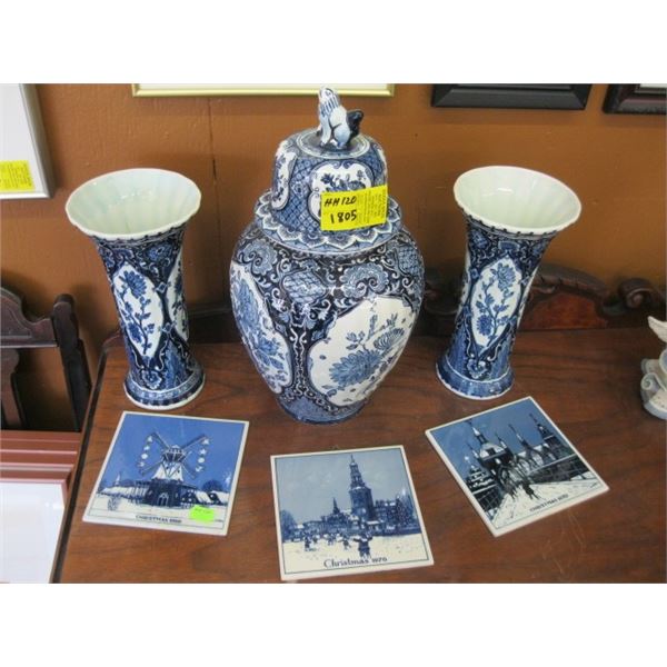 DELFT LIDDED JARDINIERE & 2 DELFT VASES & 3 CHRISTMAS PLAQUES